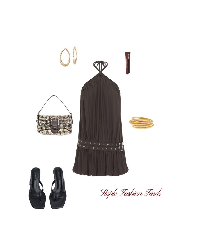 A Draped Brown Mini Dress with Gold Accessories for Evening Style