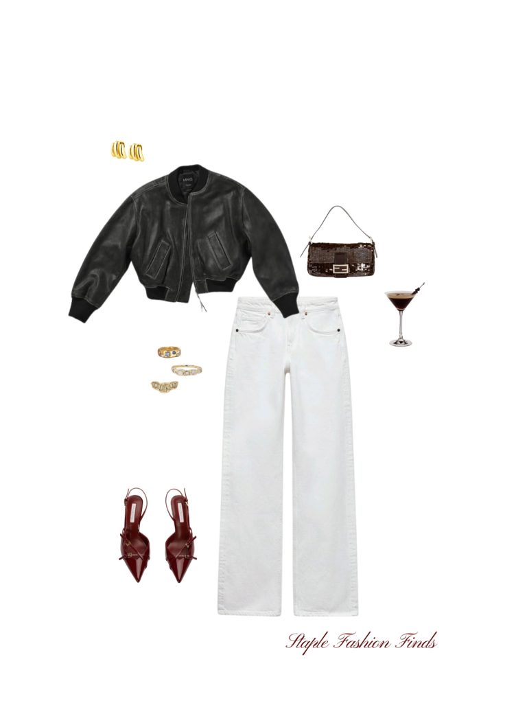 A Black Leather Jacket with White Jeans and Burgundy Shoes