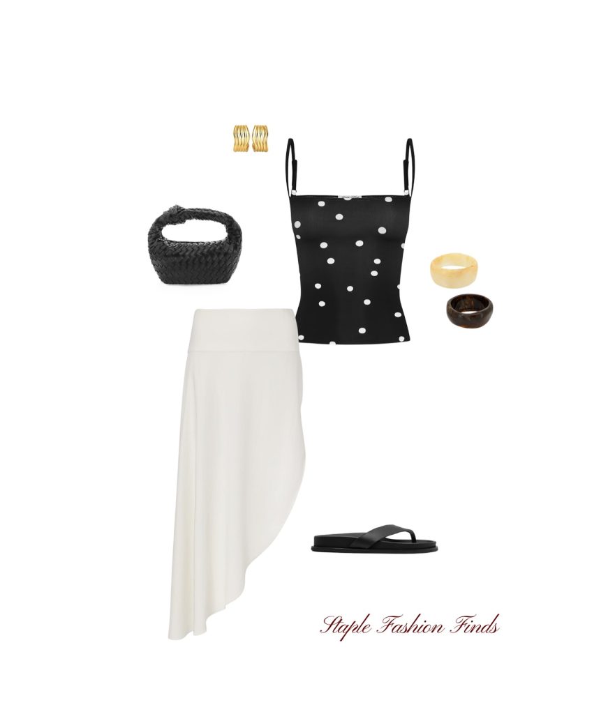 A Polka-Dot Top with an Asymmetric Cream Skirt for Summer Contrast