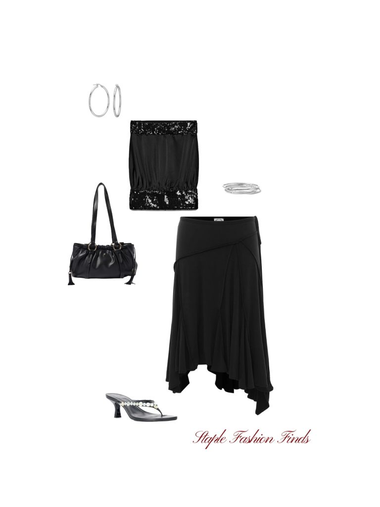 A Sequined Black Top with a Fluid Midi Skirt for Evening Dressing