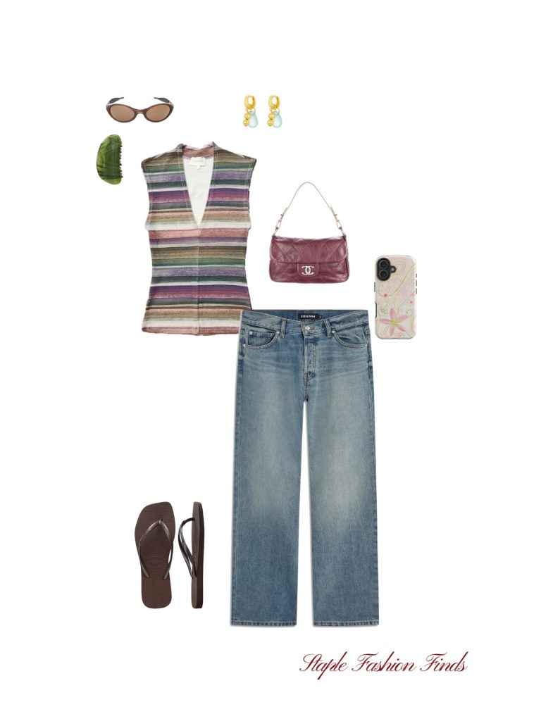 A Striped Vest with Light Jeans and Burgundy Accessories